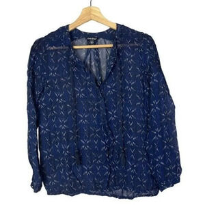 Lucky Brand Blue & White Tassel V-Neck Long Sleeve Blouse S